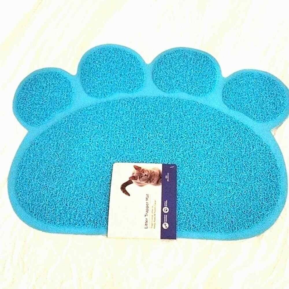 Cat Litter Floor Matt Paw Print Blue Dog Pet Food Bowl Textured Flexible